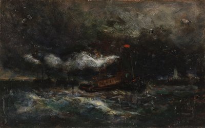 Squall, Brenton Light (łódź w sztormie, latarnia morska w tle) autorstwa Edward Mitchell Bannister