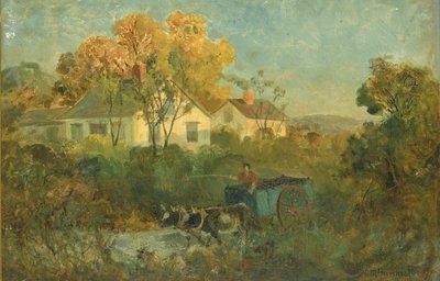 Człowiek z basenem do picia w wozie z wołami przy basenie, 1895. autorstwa Edward Mitchell Bannister