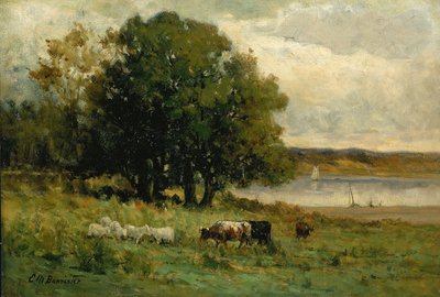 Bez tytułu (bydło w pobliżu rzeki z żaglówką w oddali) autorstwa Edward Mitchell Bannister