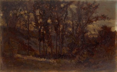 Bez tytułu (scena w lesie, powalone drzewo na pierwszym planie i dom w tle) autorstwa Edward Mitchell Bannister