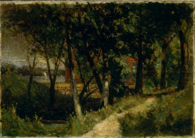 Bez tytułu (krajobraz, scena leśna z czerwonym płotem i budynkiem) autorstwa Edward Mitchell Bannister