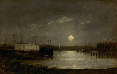 Bez tytułu (księżyc nad portem, scena na nabrzeżu z księżycem w pełni i masztami łodzi) autorstwa Edward Mitchell Bannister