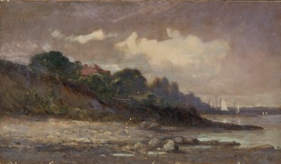 Bez tytułu (linia brzegowa z żaglówkami i dachem) autorstwa Edward Mitchell Bannister