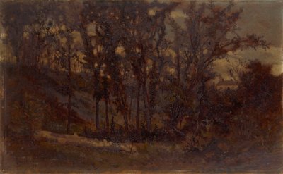 Scena leśna bez tytułu, zwalone drzewo na pierwszym planie i dom w tle, 1873. autorstwa Edward Mitchell Bannister