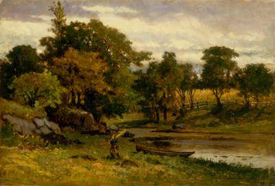 Krajobraz bez tytułu, łódź zacumowana w pobliżu strumienia, mężczyzna idący na pierwszym planie, 1879. autorstwa Edward Mitchell Bannister