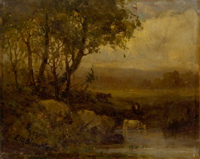 Krajobraz bez tytułu, brzeg rzeki, trzy krowy. autorstwa Edward Mitchell Bannister