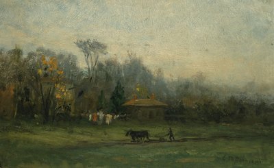 Krajobraz bez tytułu z polami orki człowieka, b.d. autorstwa Edward Mitchell Bannister