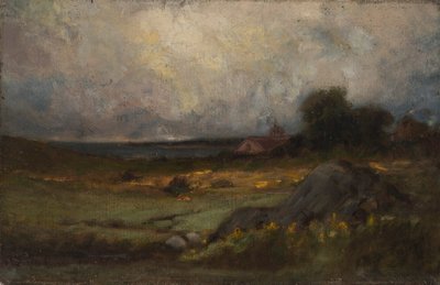Krajobraz bez tytułu ze skałą na pierwszym planie i dachem z wieżą, jezioro w tle, b.d. autorstwa Edward Mitchell Bannister