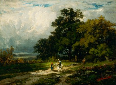Bez tytułu mężczyzna na koniu z kobietą i psem. autorstwa Edward Mitchell Bannister