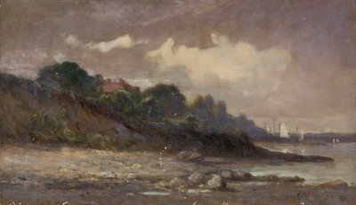 Linia brzegowa bez tytułu z żaglówkami i dachem, 1893. autorstwa Edward Mitchell Bannister