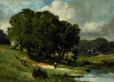 Kobieta stojąca w pobliżu stawu autorstwa Edward Mitchell Bannister