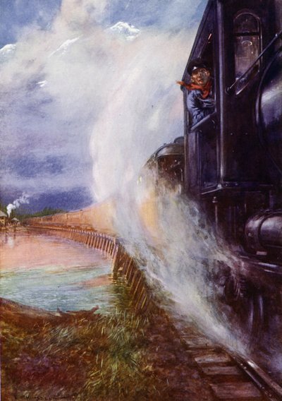 Pociąg przejeżdżający wzdłuż rzeki Skeena w Grand Trunk Pacific Railway, Kanada (kolor lito) autorstwa Edward Parick Kinsella
