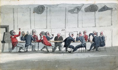 Mesa oficerska, karykatura przedstawiająca oficerów marynarki wojennej pijących wino. Rysunek Edwarda Pelhama Brentona (1774-1839), pokolorowany akwarelą autorstwa Edward Pelham Brenton