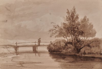 Scena rzeczna z drewnianym mostem i figurą autorstwa Edward Pretty