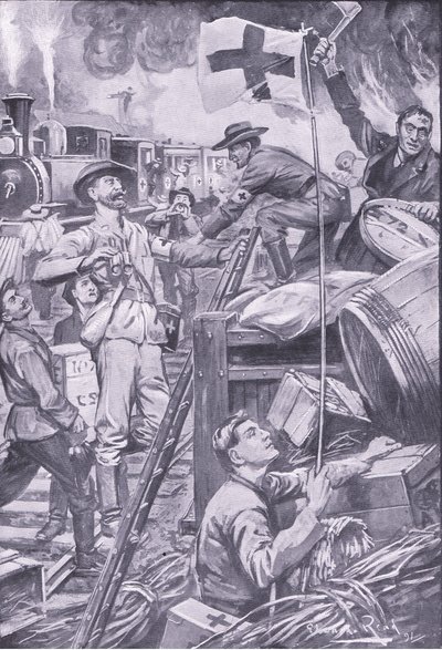 Fałszywy karetka pogotowia niszcząca sklepy w Komati Foort pod osłoną flagi Czerwonego Krzyża, ilustracja z filmu After Pretoria: The Guerilla War, 1902 autorstwa Edward Read