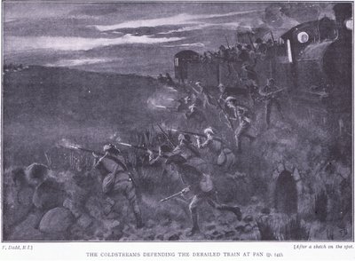 Coldstreams broniący wykolejonego pociągu, ilustracja z filmu After Pretoria: The Guerilla War, 1902 autorstwa Edward Read