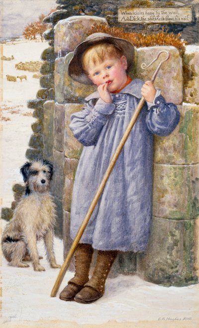 "Dick the Shepherd" Mały pasterz z palcami w ustach, ubrany w fartuch. Obraz namalowany przez Edwarda Roberta Hughesa (1851-1914) (pre-rafaelita) 1902 Kolekcja prywatna autorstwa Edward Robert Hughes