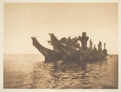 Zamaskowani tancerze w kajakach-Qagyuhl A autorstwa Edward S. Curtis