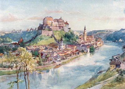 Burghausen na Salzach (kolorowa litografia) autorstwa Edward Theodore Compton