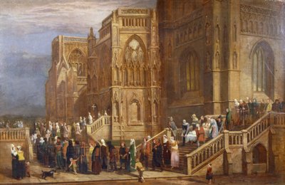 Procesja pielgrzymów przed St Mary Redcliffe, ok. 1825-30 (olej na panelu) autorstwa Edward Villiers Rippingille