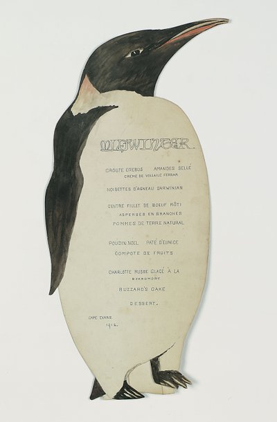 Menu w kształcie pingwina cesarskiego na kolację w dniu Środka Zimy, Cape Evans, 22 czerwca 1912 (długopis i gwasz na karcie) autorstwa Edward W. Nelson