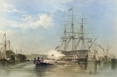 Flagowy okręt brytyjskiej marynarki wojennej pozdrawia w porcie Gosford w Anglii. XIX wiek (grafika) autorstwa Edward William (after) Cooke