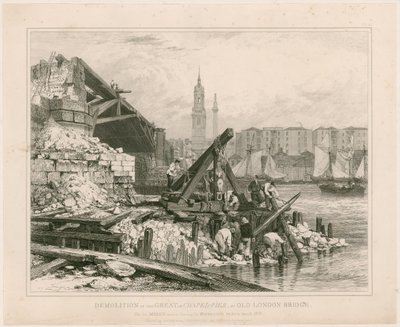 Rozbiórka części Old London Bridge. Marzec 1832 r. autorstwa Edward William Cooke
