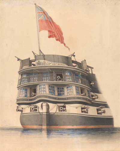 Szczegółowy widok rufy HMS "Asia" z powiewającą chorążym. autorstwa Edward William Cooke