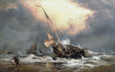Rybacy ciągnący swoje łodzie na brzegu Morza Północnego, niedaleko Scheveningen (Holandia). Olej na płótnie autorstwa Edward William Cooke