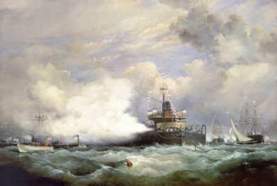 HM Turret Ship "Devastation" w Spithead z okazji przeglądu marynarki wojennej na cześć szacha Persji, 23 czerwca 1873 r. autorstwa Edward William Cooke