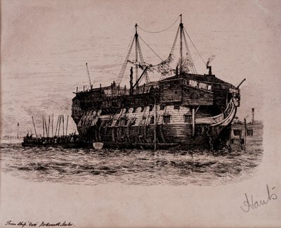 Statek więzienny York w porcie Portsmouth autorstwa Edward William Cooke