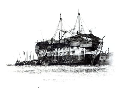 Statek więzienny w porcie Portsmouth: skazani wchodzący na pokład, 1828 autorstwa Edward William Cooke