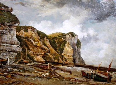 Skały przy niskiej wodzie z West Falaise (klify Etretat i łodzie) autorstwa Edward William Cooke