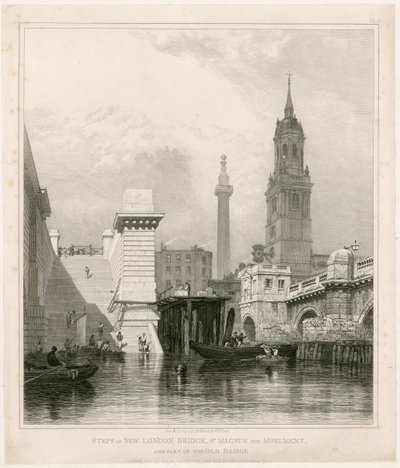 Schody Nowego Mostu Londyńskiego, St Magnus, Pomnik i część Starego Mostu autorstwa Edward William Cooke
