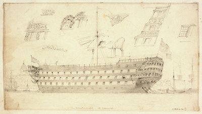 "Dreadnought" u wybrzeży Greenwich, ok. 1830 r. (grafit) autorstwa Edward William Cooke