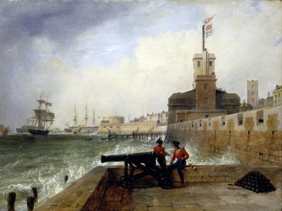 Wieża semaforowa przy wejściu do portu Portsmouth (Anglia), na Platformie Zbawienia, z dwoma żołnierzami siedzącymi na murku obok armaty, w tle opis miasta i molo z okrągłą wieżą autorstwa Edward William Cooke