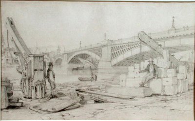 Widok na most Southwark i Tamizę od strony Bankside, z dwoma wieżami na pierwszym planie autorstwa Edward William Cooke