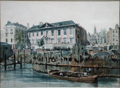 Widok na drewnianą grodę otaczającą kafary i wciągniki dla London Bridge autorstwa Edward William Cooke