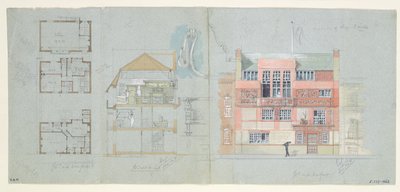 Elewacja frontowa i sekcja dla domu i pracowni dla Franka Milesa (1852-91), Tite Street, Chelsea, 1878-79 (wc i ołówek na papierze) (patrz także 176481-482, 176484-485) autorstwa Edward William Godwin