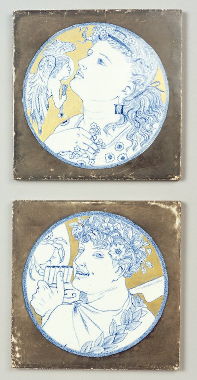 Gemini and Cancer, ok. 1878 (nakładka i pozłacana dekoracja na wzorze transferu podszkliwnego) autorstwa Edward William Godwin
