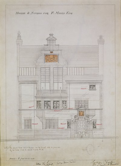 Rysunek roboczy dla House and Studio dla F. Miles Esq, Tite Street, Chelsea, 1878-79 (wc i ołówek na papierze) (patrz także 176481, 176483-485) autorstwa Edward William Godwin