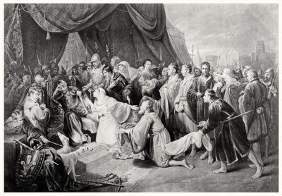Poddanie się Calais, 4 sierpnia 1347, rytowane przez Johna Younga autorstwa Edward after Bird