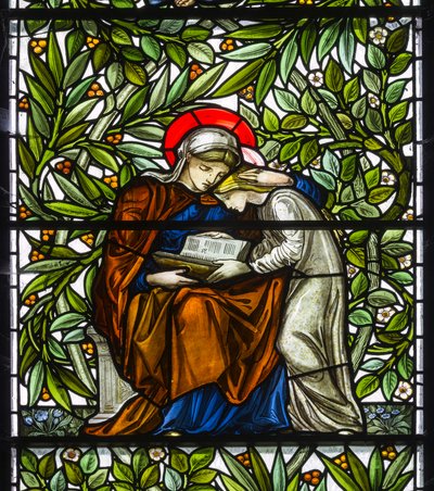 Nun Monkton, St Mary, Morris Marshall & Faulkner & Co, William Morris, Edward Burne-Jones, Mary & Jesus Reading, 1873 autorstwa Edward and Morris Burne Jones
