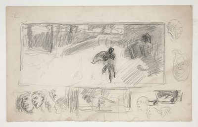 Różne szkice (recto); Szkic mężczyzny w pelerynie (verso) autorstwa Edwin Austin Abbey