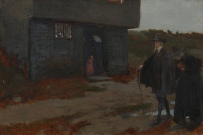Przy drzwiach chaty (XVII-wieczna scena z Nowej Anglii) autorstwa Edwin Austin Abbey