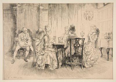 Scena jadalna - ilustracja dla Austina Dobsona autorstwa Edwin Austin Abbey