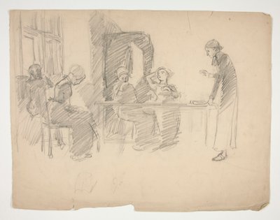 Wczesne studium dla Stony Ground 1884, wnętrze z figurami autorstwa Edwin Austin Abbey