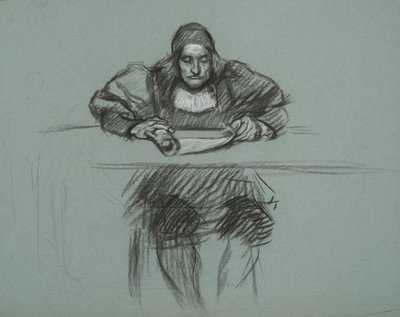 Figurka do Procesu Królowej Katarzyny. recepcjonista w recepcji autorstwa Edwin Austin Abbey