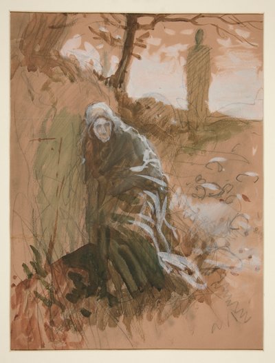 Postać w lesie - niezidentyfikowana ilustracja autorstwa Edwin Austin Abbey