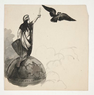Figura wolności stojąca na kuli ziemskiej z orłem (rekto); Wagon Conestoga w krajobrazie (verso) autorstwa Edwin Austin Abbey
